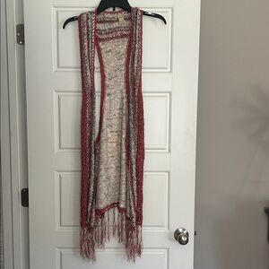 Red and Cream Knit Fringe Vest